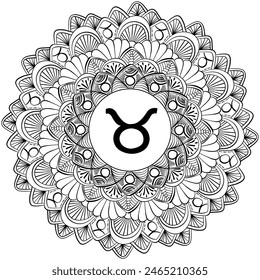 Zodiac mandala Taurus, fantasy coloring page with astrological sign and meditative squiggles vector illustration