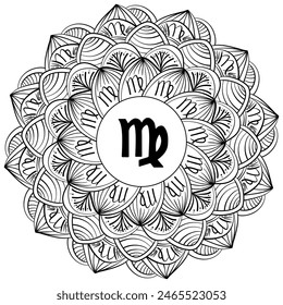 Zodiac mandala Virgo, fantasy coloring page with astrological sign and meditative abstractions vector illustration