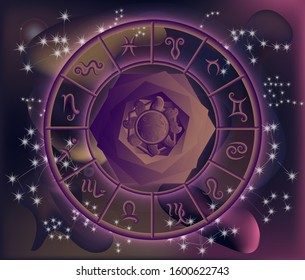 Zodiac map with constellations and sun in the middle.  Vector illustration