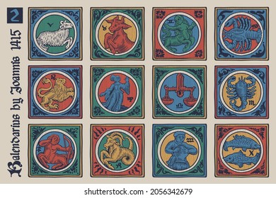 Zodiac medieval-style illustrations set. Dim colored square emblems perfect for T-shirts, retro manuscripts, and invitations.