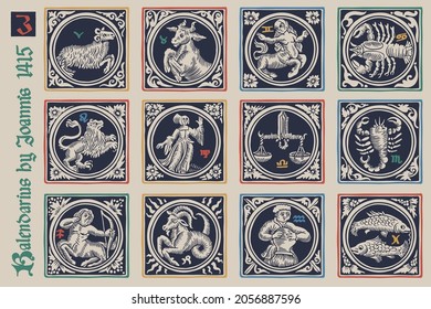 Zodiac medieval-style illustrations set. Dim colored square emblems perfect for T-shirts, retro manuscripts, and invitations.