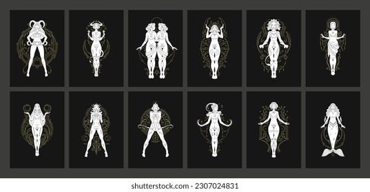 Zodiac mythology woman antique horoscope goddess astrology female line art deco set vector illustration. Female mythic constellation celestial lunar calendar fashion artwork decorative design