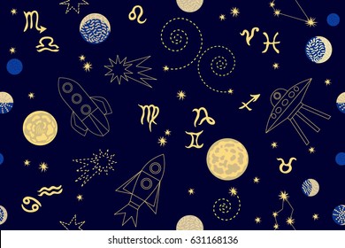 Zodiac night sky. Abstract seamless vector pattern with constellations, crescent moon, space ships and zodiac signs. 1950s-1960s motifs. Retro textile collection. Golden on dark.