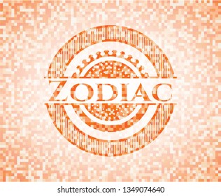 Zodiac orange tile background illustration. Square geometric mosaic seamless pattern with emblem inside.
