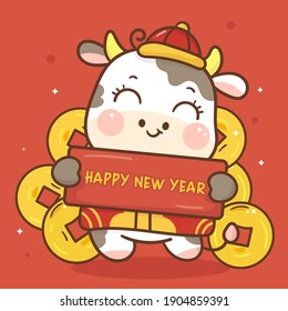 Zodiac of ox cartoon animal character traditional holding Happy Chinese new year label with gold coin. Cute cow vector kawaii bull. Wish you good fortune on coming year.Perfect Nursery children, kids.