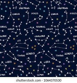 Zodiac pattern. Constellations doodles background. Zodiac signs. Stars sketch. Cosmic. Space. Virgo. Aquarius. Libra. Capricorn. Aries. Gemini. Pisces. Cancer. Scorpio. Leo. Taurus. Sagittarius.