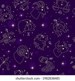 Zodiac pattern. Horoscope symbols for textile design projects universe stars gemini capricorn aquarius cancer leo recent seamless background