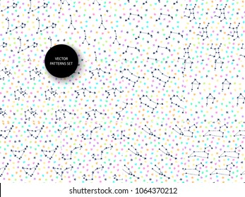 Zodiac patterns set. 12 seamless patterns for each zodiac sign. Constellations doodle. Star sketch. Virgo. Aquarius. Libra. Capricorn. Aries. Gemini. Pisces. Cancer. Scorpio. Leo. Taurus. Sagittarius.