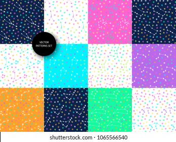 Zodiac patterns set. 12 seamless patterns for each zodiac sign. Constellations doodle. Star sketch. Virgo. Aquarius. Libra. Capricorn. Aries. Gemini. Pisces. Cancer. Scorpio. Leo. Taurus. Sagittarius.