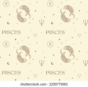 Zodiac Pisces Background Seamless Pattern. Mystic Spiritual Astrology Signs