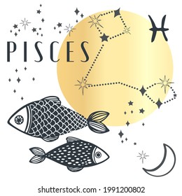 Zodiac Pisces boho magical vintage distressed art symbol or label. Horoscope sign line art silhouette design vector illustration. Creative decorative elegant astrology zodiac emblem template for logo