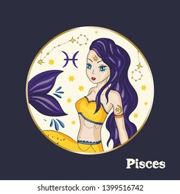 Zodiac Pisces Girl Vector Sign. Cartoon astrology round badge illustration. Horoscope drawing.