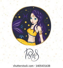 Zodiac Pisces Girl Vector Sign. Cartoon astrology round badge illustration. Horoscope drawing.