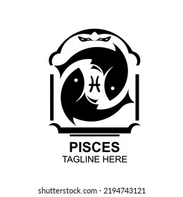Zodiac pisces horoscope astrology logo vector in black and white silhouette modern design. Elegant symbol and aesthetic icon template.