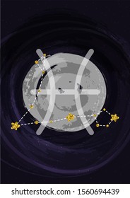 Zodiac Pisces sign A4 print poster with constellation symbol. Vector illustration banner. Wall art cosmic print.