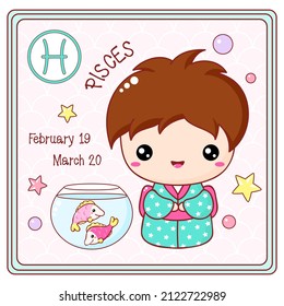 Zodiac Pisces sign character in kawaii style. Cute chibi little girl in kimono. Square card with Zodiac symbol, date of birth and cartoon baby girl. Vector illustration EPS8