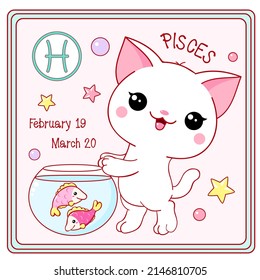 Zodiac Pisces sign character in kawaii style. Square card with cute little white kitty and Zodiac symbol, date of birth. Cartoon baby cat and Zodiacal card. Vector illustration EPS8