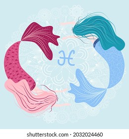 Zodiac, Pisces zodiac sign illustration as a beautiful girl with braids. Vintage zodiac boho style fashion illustration in pastel colors. Against the background of a flower mandala