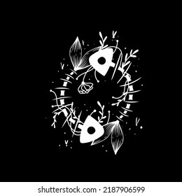 zodiac Pisces signs halloween skull bones objects icons stars graphics black and white print. Vector illustration