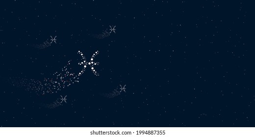 A zodiac pisces symbol filled with dots flies through the stars leaving a trail behind. There are four small symbols around. Vector illustration on dark blue background with stars