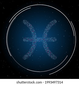 The zodiac pisces symbol filled with white dots. Pointillism style. Some dots is pink. Vector illustration on blue background with stars