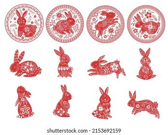 Zodiac rabbit. Chinese lunar new year animal with flowers ornaments, asian rabbits stamps and red horoscope vector Illustration set. Cute red bunny paper cut art and craft style isolated