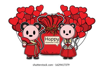 Zodiac rat lover card in line art cartoon vector with Chinese new year illustration concept and heart idea, mouse biker design for valentine day and china calligraphy.
