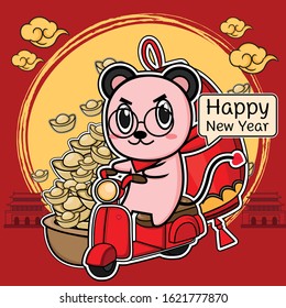 Zodiac rat riding a motorcycle line art cartoon vector with Chinese new year illustration concept and heart idea, mouse biker design for valentine day and china calligraphy.