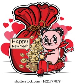 Zodiac rat riding a motorcycle line art cartoon vector with Chinese new year illustration concept and heart idea, mouse biker design for valentine day and china calligraphy.