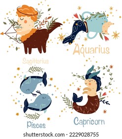 Zodiac Sagittarius, Aquarius, Pisces, Capricorn with leaves, colorful flowers and stars around. Set Astrological zodiac Signs perfect for posters, logo, cards. Vector illustration.