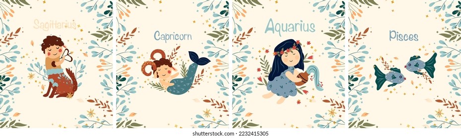 Zodiac Sagittarius, Aquarius, Pisces, Capricorn with leaves, colorful flowers and stars around. Set Astrological zodiac Signs perfect for posters, logo, cards. Vector illustration.