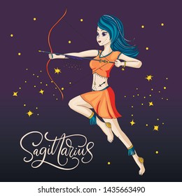 Zodiac Sagittarius Beautiful Girl Vector Sign with arrow and bow. Cartoon horoscope astrology illustration with constellations. Horoscope drawing.