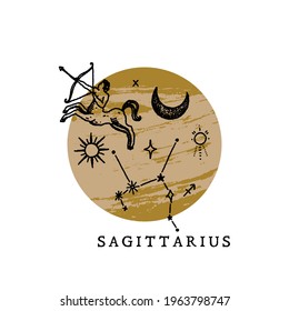 Zodiac Sagittarius boho magical vintage distressed art symbol or label