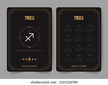 Zodiac sagittarius calendar 2023. Pocket size. Front and back sides. Week starts on sunday. Astrological vector template ready to print. Vertical layout in English with horoscope sign.