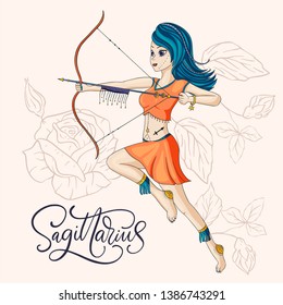 Zodiac Sagittarius Girl Vector Sign. Cartoon horoscope astrology illustration. Horoscope drawing.