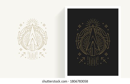 Zodiac sagittarius horoscope sign line art silhouette design vector illustration. Creative decorative elegant linear astrology zodiac sagittarius emblem template for logo or poster decoration.