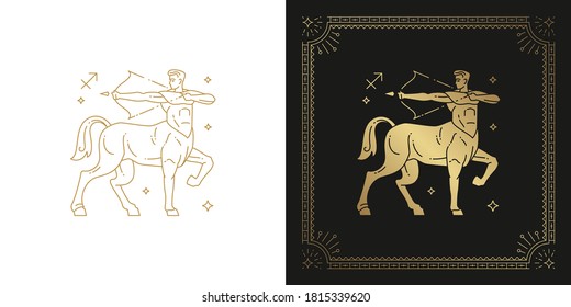 Zodiac sagittarius horoscope sign line art silhouette design vector illustration. Creative decorative elegant linear astrology zodiac sagittarius emblem template for logo or poster decoration.