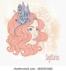 Zodiac: Sagittarius zodiac sign as a beautiful girl. Vector zodiac illustration. Vintage boho style fashion illustration in pastel shades.