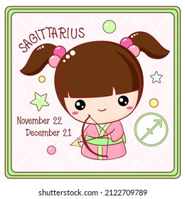 Zodiac Sagittarius sign character in kawaii style. Cute chibi little girl in kimono. Square card with Zodiac symbol, date of birth and cartoon baby girl. Vector illustration EPS8