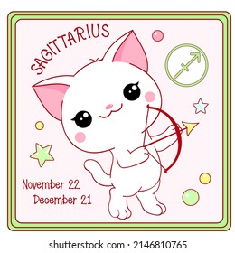 Zodiac Sagittarius sign character in kawaii style. Square card with cute little white kitty and Zodiac symbol, date of birth. Cartoon baby cat and Zodiacal card. Vector illustration EPS8