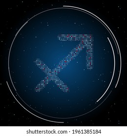 The zodiac sagittarius symbol filled with white dots. Pointillism style. Some dots is red. Vector illustration on blue background with stars