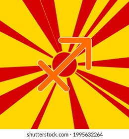 Zodiac sagittarius symbol on a background of red flash explosion radial lines. A large orange symbol is located in the center of the sunrise. Vector illustration on yellow background