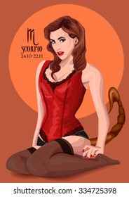 Zodiac: Scorpio astrological sign.  Illustration with portrait of a pin up girl. 