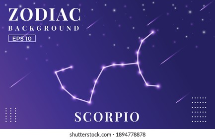 Zodiac Scorpio background at night with beautiful shooting star and stars ornaments. Perfect for copybook brochures, school books, Notebook paper, book, magazine template.