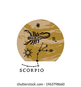 Zodiac Scorpio boho magical vintage distressed art symbol or label