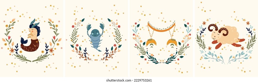 Zodiac Scorpio, Capricornio, Libra, Aries con hojas, flores coloridas y estrellas alrededor. Establece carteles de zodiac astrológicos perfectos para carteles, logotipo, tarjetas. Ilustración del vector