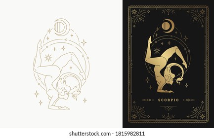 Zodiac scorpio girl horoscope sign line art silhouette design vector illustration. Golden symbol with frame for feminine astrology card template or poster.