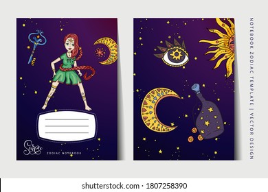 Zodiac Scorpio girl notebook vector template. Book layout for a3, a4, a5 paper size. School education art. Astrology woman,  horoscope symbol. Cover page design.