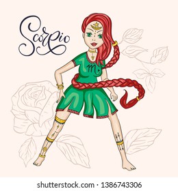 Zodiac Scorpio Girl Vector Sign. Cartoon horoscope astrology illustration. Horoscope drawing.