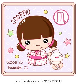 Zodiac Scorpio sign character in kawaii style. Cute chibi little girl in kimono. Square card with Zodiac symbol, date of birth and cartoon baby girl. Vector illustration EPS8